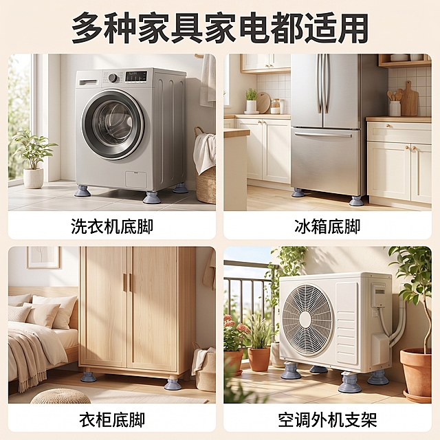 [主图-4] 洗衣机脚垫多场景适用展示图。
[氛围风格] 家居治愈风，真实生活氛围；
[画质] 商业摄影质感、光线柔和通透、产品清晰真实、画面干净高级。
[元素] 四宫格展示产品不同适用场景：洗衣机底脚、冰箱底脚、衣柜底脚、空调外机支架，每个场景放置一个脚垫清晰展示，背景分别对应不同家居空间，保持整体浅色调温馨感。保持洗衣机脚垫产品外观（物理结构、材质质感、颜色）与输入产品图绝对一致，杜绝任何变形和色差，精细化处理。画面满屏无边框。
[光影] 每个宫格光影统一，均为柔和自然光，整体明亮干净。
[配色] 主色调浅米+浅木色+灰色，每个场景自然和谐，保持治愈温馨感。
[视角构图] 2*2宫格构图，每个场景展示清晰，主体产品完整不裁切。
[文字版式] 顶部大字标题“多种家具家电都适用”，深灰色粗体；每个宫格下方标注场景名称，小字体清晰说明，不遮挡主体产品。
[比例分辨率] 1:1比例，2k分辨率；文字清晰锐利，画面超高清。
[负向提示词] 变形，水印，文字错乱，产品图模糊，背景杂乱，配色刺眼，遮挡主体。