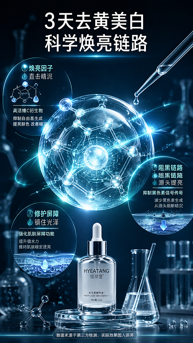 [第3张] 成分机理页-3天去黄美白功效链路。本张为成分机理专页，以分子结构、实验质感为主，产品小图点缀。
[氛围/风格] 科研实验室风，高级科技感，成分分子大尺寸主视觉，内容丰富专业，商业插画+3D质感。
[元素布局] 画面中央为大型3D透明精华分子球，占画面约40%，内部有发光的活性成分粒子在流动；分子球周围环绕3组成分功效模块，呈三角分布：左上「焕亮因子」配维C类分子结构示意，右下「阻黑链路」配黑色素抑制示意图形，左下「修护屏障」配细胞膜层示意；底部有产品瓶身小图（使用【图1】瓶身正面），占比约15%，置于实验器皿旁；背景为实验室玻璃器皿、滴管、试管剪影，虚化处理；整体三层景深。
[光影质感] 分子球自发光，冷白色光晕，周围粒子有辉光效果；整体冷调柔光，科技感蓝光点缀，明暗层次丰富。
[配色色系] 全局底色 #0F2027 深墨蓝渐变；主色蒂芙尼绿 #4ECDC4 发光；辅助色冰蓝 #74b9ff、白色；文字白色+浅绿高亮。
[视角构图] 中心放射式构图，分子球为视觉核心，三组成分模块环绕，底部产品收束。
[文字版式] 顶部大标题「3天去黄美白 科学焕亮链路」，白色大字；三组成分模块各配标题+短句：「焕亮因子 直击暗沉」「阻黑链路 源头提亮」「修护屏障 锁住光泽」；底部小字标注「数据来源于第三方检测，实际效果因人而异」；文字清晰，层级分明。
[比例分辨率] 9:16 竖版比例，4K 分辨率，文字清晰可辨，高清画质。
[负向提示词] 产品变形，文字过小，水印，医疗承诺，夸大功效，背景杂乱。