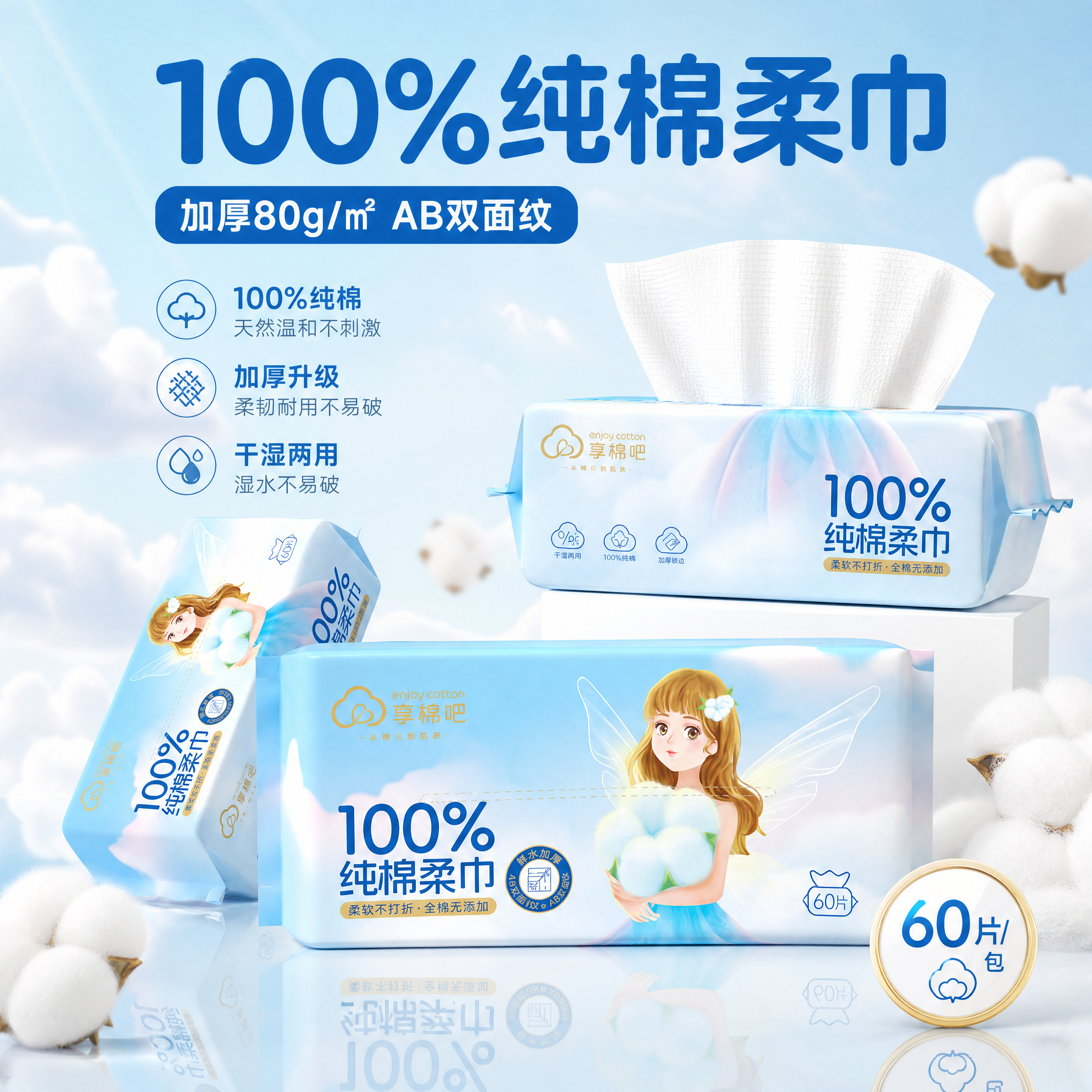 [商品] 使用【图4】享棉吧100%纯棉柔巾产品包装；保留浅蓝… - 图片创意预览