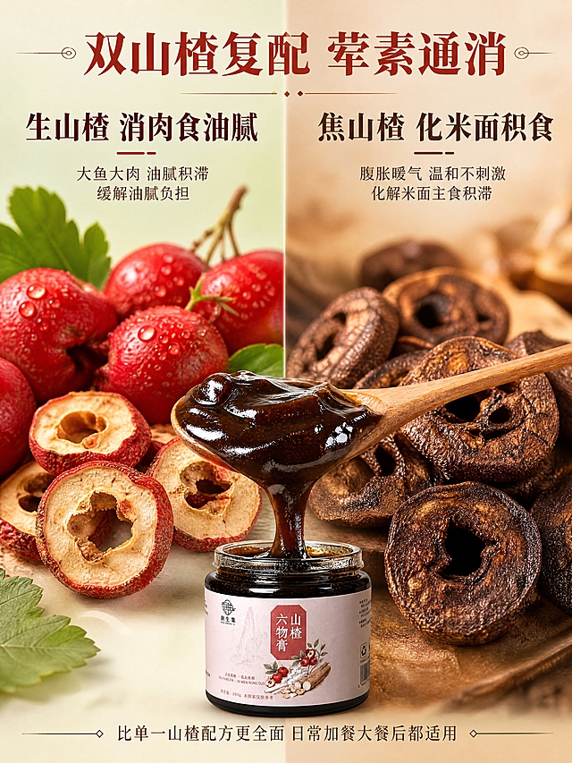 [第4张] 双山楂炮制核心卖点-荤素积食全覆盖对比页。本张使用【图4】膏体舀起特写作为中心品质展示。
[氛围/风格] 中式温润国风 对比式信息呈现 暖米杏色底 左右分区对比 商业美食摄影质感。
[元素布局] 画面左右分栏对比结构 左侧约占45% 展示生山楂鲜果与干山楂片大特写 红润饱满 背景淡绿色调 右侧约占45% 展示焦山楂炒制后的药材大特写 深褐焦香 背景暖棕色调 中间下方放置一勺浓稠膏体 膏体拉丝 连接左右两区 暗示融合 底部有产品瓶身小图 占比约20% 瓶身标签清晰。
[光影质感] 左侧自然光感突出山楂鲜果红润透亮 右侧暖棕光感突出焦山楂药材质感 膏体受光均匀 有自然高光和拉丝质感。
[配色色系] 左区背景 #E8EEDF 淡绿米 右区背景 #E8D9C8 暖棕米 中间过渡 标题朱红 #B83A2A 正文深棕 #5C3D2E 全局底色统一暖调。
[视角构图] 正面平视 左右对称对比 阅读动线顶部标题 → 左右对比区 → 底部产品总结。
[文字版式] 顶部居中主标题「双山楂复配 荤素通消」粗宋体 朱红色 左侧小标题「生山楂 消肉食油腻」粗宋体 深红色 下方辅助文案 大鱼大肉 油腻积滞 缓解油腻负担 右侧小标题「焦山楂 化米面积食」粗宋体 深棕色 下方辅助文案 腹胀嗳气 温和不刺激 化解米面主食积滞 底部一行细宋文案「比单一山楂配方更全面 日常加餐大餐后都适用」全套统一字体风格。
[比例分辨率] 3:4 竖版比例 4K 分辨率 文字清晰可辨 高清画质。
[负向提示词] 产品变形 膏体不真实 颜色偏差 水印 文字错乱 医疗暗示。