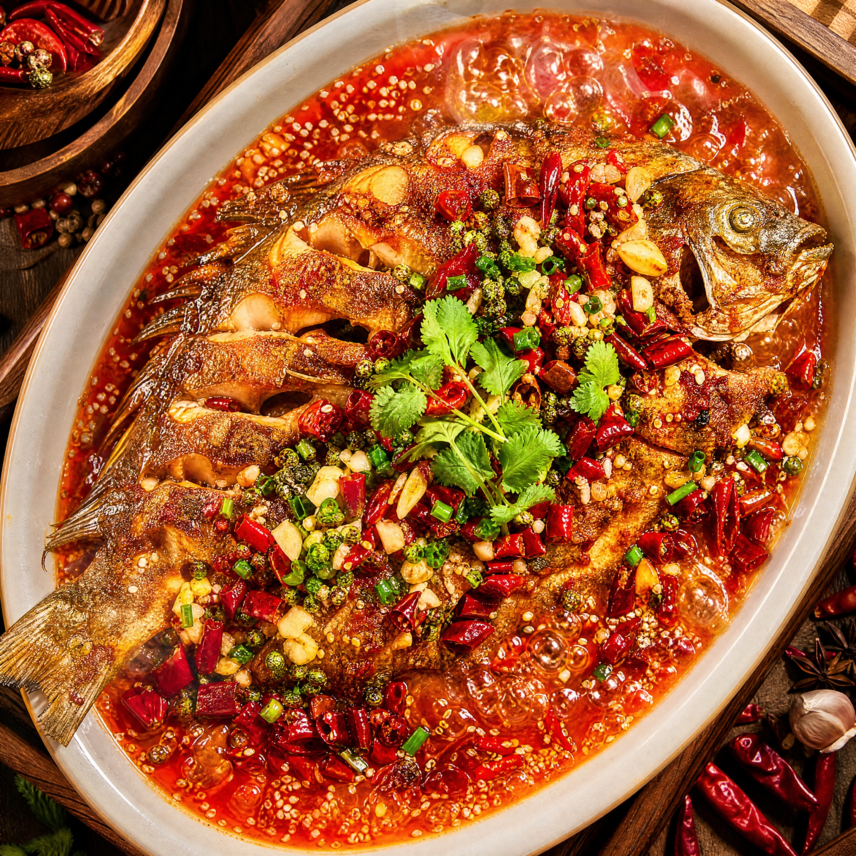 一张极具食欲的烤鱼美食摄影照片，完整的烤全鱼放置在椭圆形深瓷盘… - 图片创意预览