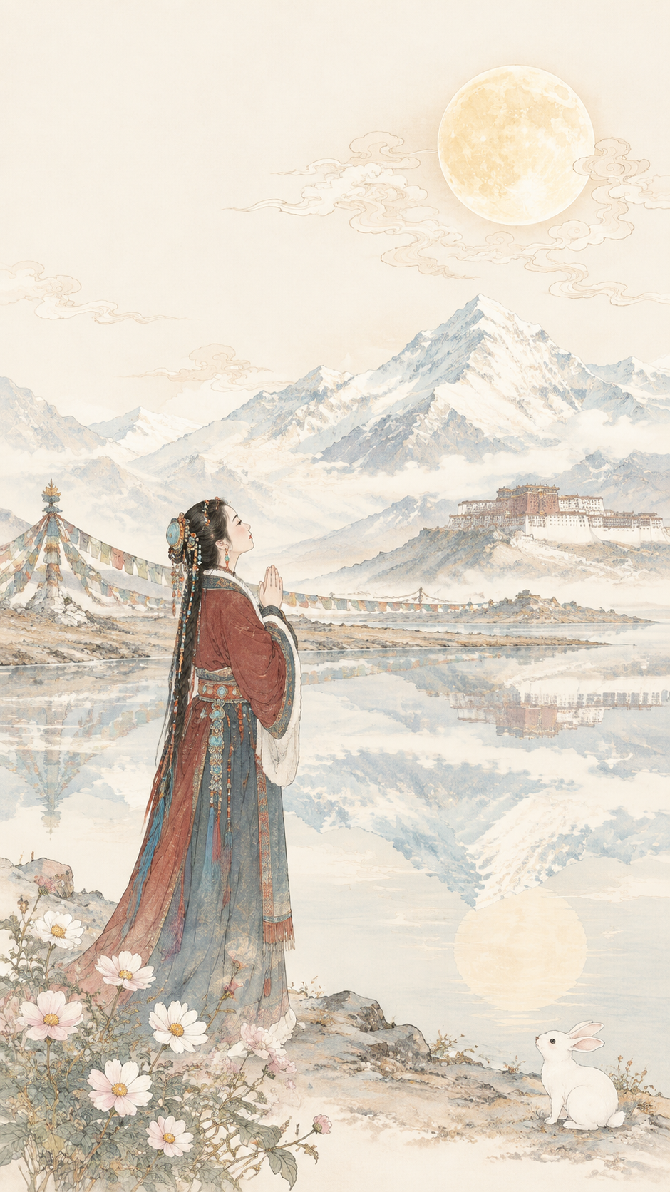 参考右侧工笔淡彩风格，将画面改为藏族中秋寻月场景，去除所有文字… - 图片创意预览