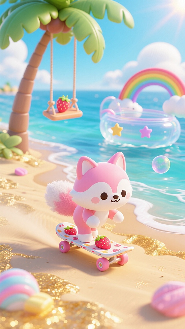 粉白相间的小狐狸踩着草莓图案的滑板车，在洒满金箔的沙滩上疾驰。果冻质感的椰子树垂下彩虹秋千，透明泡泡船载着星星漂流，棉花糖云朵里漏下带着甜香的阳光