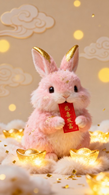 毛茸茸粉色兔子，蓬松毛发带金色细闪，耳朵尖染金，嘴里叼着红色招财符，周围环绕发光的毛绒元宝 + 细碎金片，背景是暖黄色柔和光斑 + 简约祥云，低饱和度软萌风预览效果