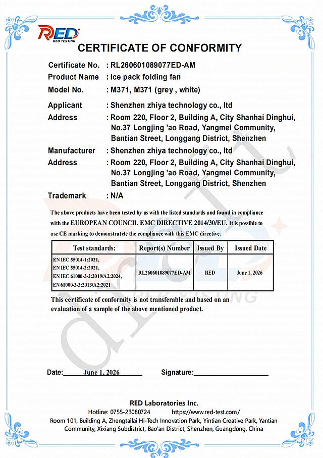 修改这张合格证书，将以下内容替换：
1. Certificate No. RL260522089075ED-AM 换成 RL260601089077ED-AM；
2. Product Name Folding fan 换成 Ice pack folding fan；
3. Model No. 原来的内容 X30, F30pro, F30ultra, X30（white, green）, F30pro（white, pink）, F30ultra（white, pink）换成 M371，M371 (grey , white)；
同时修改表格中Report(s) Number为 RL260601089077ED-AM，日期Date和Issued Date改为 June 1, 2026；保持证书原有样式、字体、排版和其他内容不变。