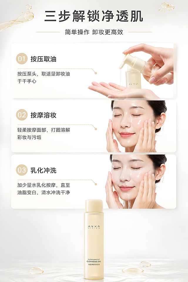 [商品] 使用【图1】清透净颜卸妆油；保留瓶型、瓶盖、瓶身比例、标签版式、品牌logo「ΛVVA VISION」、瓶身文字、浅米黄色半透明瓶身材质；产品在每步中以小图或场景形式出现，保持造型一致。
[画面] 页面目标：使用步骤，三步卸妆法演示。画面横向分为三个步骤区块，从上到下依次展示：第一步「按压取油」——手按压泵头取油的手部特写；第二步「按摩溶妆」——双手在脸部轻轻按摩打圈溶解彩妆；第三步「乳化冲洗」——沾水按摩乳化后冲洗干净；每步配有对应动作场景，背景统一浅灰白渐变；底部有产品瓶身完整展示。
[视觉] 套系策略：风格=高级简约清新风商业产品摄影；标题字=现代简约无衬线粗体；正文字=简洁无衬线体；主色=浅米白+浅灰；背景延展=浅灰白渐变、柔和雾面质感、同色系深浅层级；强调色=浅米黄色+淡金色，仅用于小面积标签、图标、油液装饰和引线；标题色=深炭灰；正文色=中暖灰；组件=浅米黄色圆角标签框、细线引线、圆角信息卡、步骤编号圆标；光影=柔和均匀柔光+伦勃朗光影，侧前方主光，通透干净。
[文字] 顶部主标题「三步解锁净透肌」，副标题「简单操作 卸妆更高效」；三个步骤分别标注编号+动作名称：01 按压取油、02 按摩溶妆、03 乳化冲洗；每步下方配一句简短说明。文字全部横向排版，步骤清晰，字号适合手机阅读。
[规格] 图片比例2:3竖版，4K，负向提示：避免产品变形、文字错字、文字竖排、动作不符合使用逻辑、绝对化用语、水印。
