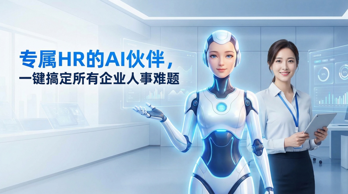 生成一张封面图，内容主题是：专属HR的AI伙伴，一键搞定所有企业人事难题预览效果