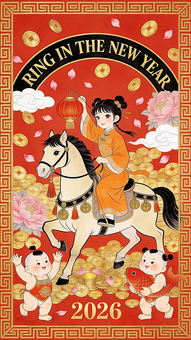 国潮插画风，拟人化童子与骏马喜迎新年，剪纸纹样边框搭配鎏金钱币，红金配色尽显中式喜庆，卡通萌趣中透出传统年味。
