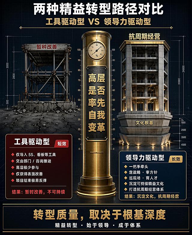 企业战略风格信息海报，主标题"两种精益转型路径对比"，副标题"工具驱动型 VS 领导力驱动型"。竖版构图，宽高比9:11。整体风格：企业咨询级信息图表，兼具工程蓝图精确感与品牌发布会庄重感。色调以深海军蓝、冷灰、香槟金为主，暗红色为警示色。画面干净利落，留白充足，线条清晰锐利，信息层级分明，理性可信，体现长期主义气质。背景：底色极深蓝灰#0b1018，带有细微网格纹理，隐约可见低透明度建筑蓝图分割线、尺寸标注线和水平参考线，四角轻微暗角，引导视觉至中心。核心视觉：两座建筑结构对称对比，左侧为低矮简陋的临时工棚脚手架结构，地基极浅、有裂缝、立柱细弱，顶部横梁标注暗红色小字"暂时改善"，地面碎石裂缝；右侧为高大稳固的钢筋混凝土塔楼结构，地基深厚多层倒梯形标注"文化根基"，立柱粗壮，顶部金色冠顶标注香槟金大字"抗周期经营"，地面平整坚固有灯光透出。中央：一座巨大金色中心立柱贯穿中下部，表面带刻度线和计量表盘，中央嵌深色金属铭牌，书写最大最醒目香槟金粗体字"高层是否率先自我变革"，下方有细长金色水平线。左侧信息区：暗红色底白色字卡片标题"工具驱动型"，右下角标注红色"短效"标签，列表五条特征，每条前红色菱形◆：仅导入 5S、看板等工具；交由部门 / 咨询推进；高层极少参与；仅获得表面改善；项目结束极易反弹，底部红色小字结论"结果：暂时改善，不可持续"。右侧信息区：深蓝色底白色字卡片标题"领导力驱动型"，右下角标注金色"长效"标签，列表五条特征，每条前金色菱形◆：一把手牵头；定战略 · 审方针；巡现场 · 育人才；沉淀可持续精益文化；打造抗周期经营体系，底部金色小字结论"结果：沉淀文化，抗周期经营"。顶部标题区：主标题"两种精益转型路径对比"白色大号粗体居中，副标题"工具驱动型 VS 领导力驱动型"香槟金中号居中，下方细长金色水平分隔线，两端带小菱形装饰。底部总结区：全幅深色面板，上下各一条细金线，居中香槟金文字"转型质量，取决于根基深度"，下方小号白色字标语"精益转型 · 始于领导 · 成于体系"。全篇使用无衬线粗体字体，所有文字清晰准确，无错字乱码。左右结构等宽等高对称平衡，保持严格对称式布局，专业权威无花哨元素，写实渲染建筑可视化信息图表风格。