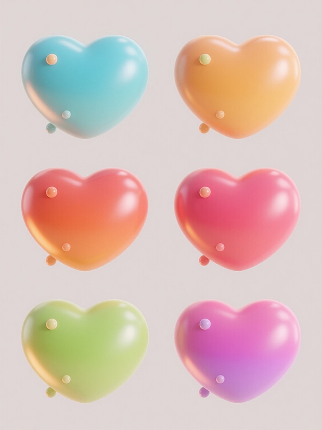 六个完全相同的软3D风格心形图案规整排布组成的系列素材集合，每个心形均保持原有的圆润立体造型、光滑细腻的渐变质感、清晰的高光反射效果及周围点缀的小圆点装饰元素，整体呈现简洁可爱的视觉风格，背景为纯色且每个心形分别具有完全不同的鲜明色彩，画面构图平衡对称，光影柔和统一，营造出协调且富有层次感的视觉效果。