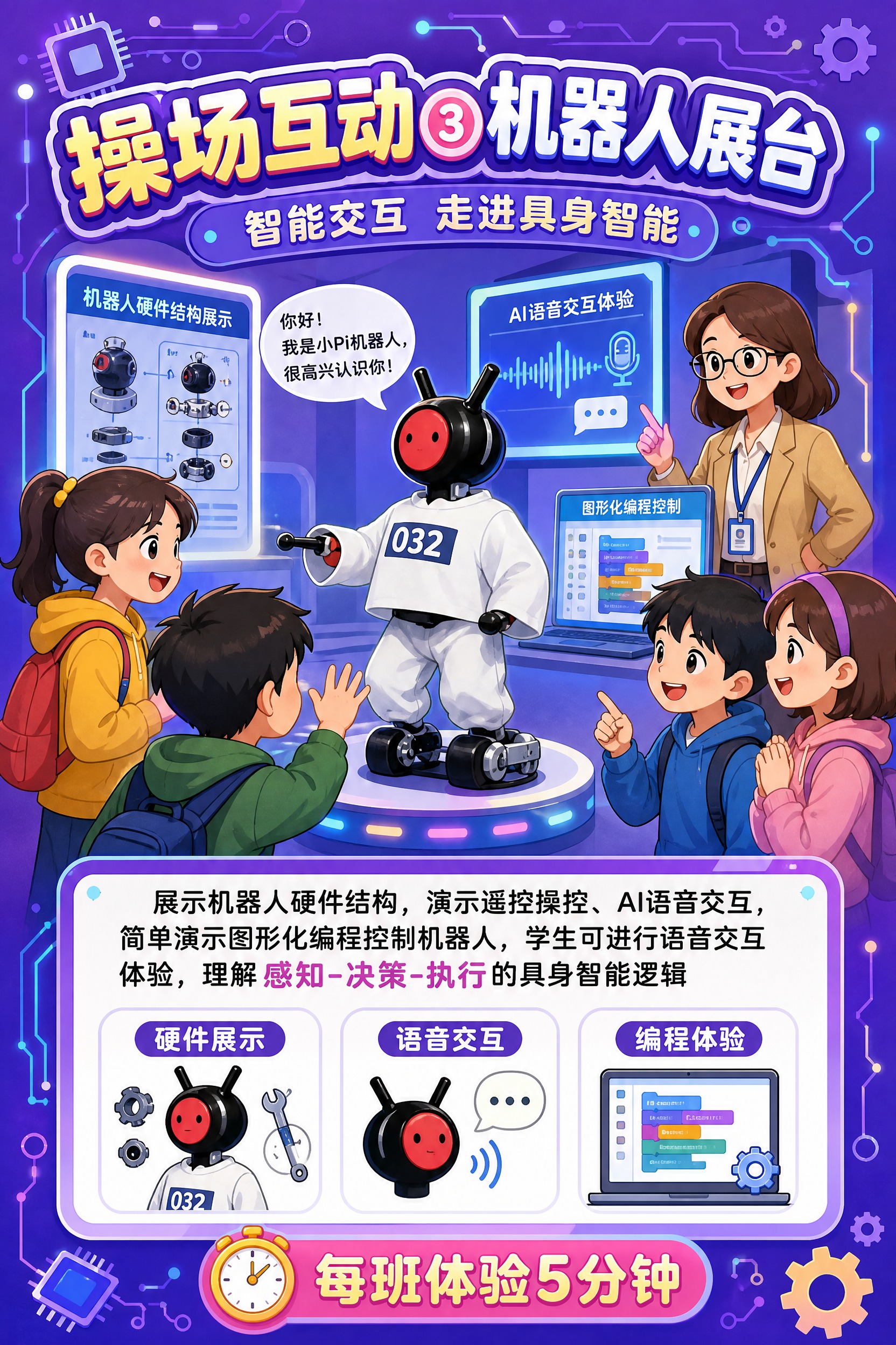 卡通科技风宣传手册内页，操场互动篇——机器人展台，A4竖版。顶… - 图片创意预览