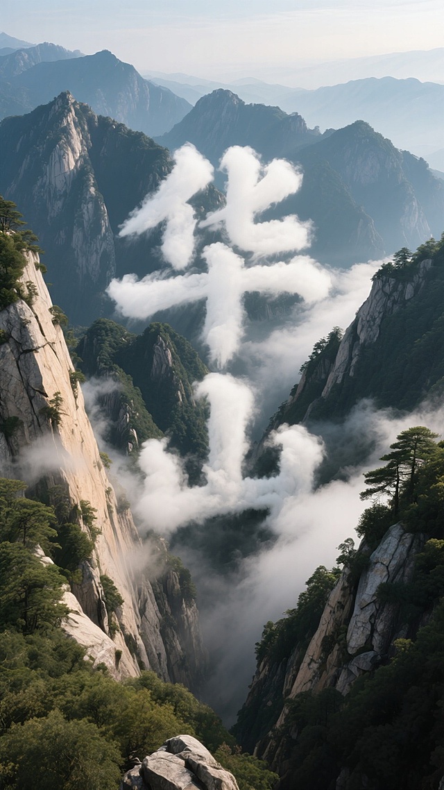 险峻的华山层峦叠嶂，在山峰之间，显示“华山”二字。以险峻的华山做背景，突出华山的险、石、林等