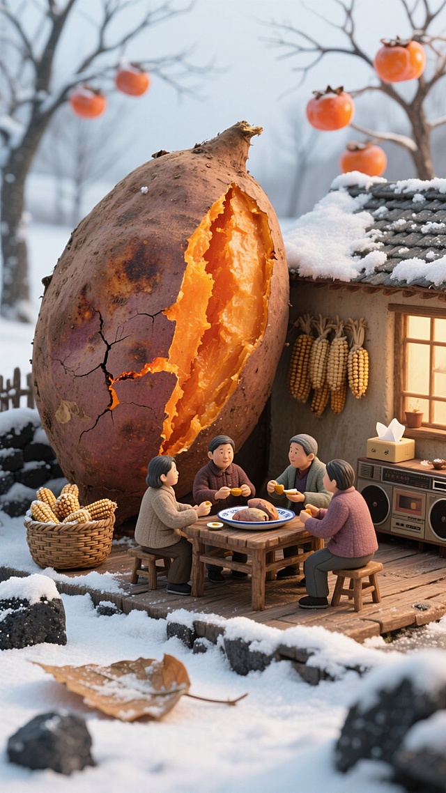 主视觉：带焦褐色纹理的巨型烤红薯，外皮有自然开裂的纹路，“裂口” 处透出暖橙光，仿佛能闻到焦香。
内部场景：暖光模拟红薯果肉的温度，一家人围坐矮木桌分享红薯，桌上放着搪瓷盘与纸巾盒，墙面挂着编织筐，里面堆着晒干的玉米芯，角落有台老式收音机。
外部环境：空间外是覆雪的田埂，地面散落巨型红薯叶、炭块造型装饰，背景是光秃秃的柿子树与亮着暖光的农家院，雪花落在红薯 “外皮” 上，很快被暖意烘化。