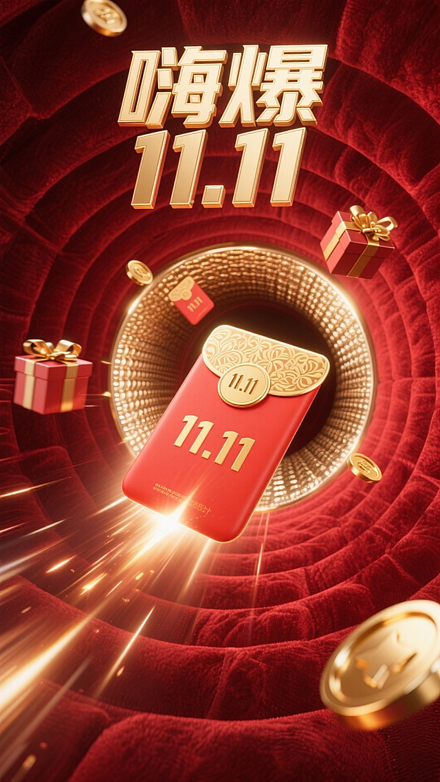 3D重拟物风红金配色，鎏金浮雕红包与金属质感金币环绕，光影流动增强体积感，营造奢华喜庆的双11狂欢氛围。
