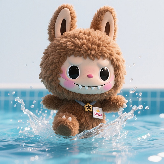 角色（拉布布labubu，大统领，泡泡玛特，卡通风格，拟人化角色，兔子耳朵，棕色毛发，大眼睛，黑色瞳孔，尖牙齿，粉红色脸颊，小布标，3D卡通，毛绒玩偶）行为：在泳池游泳