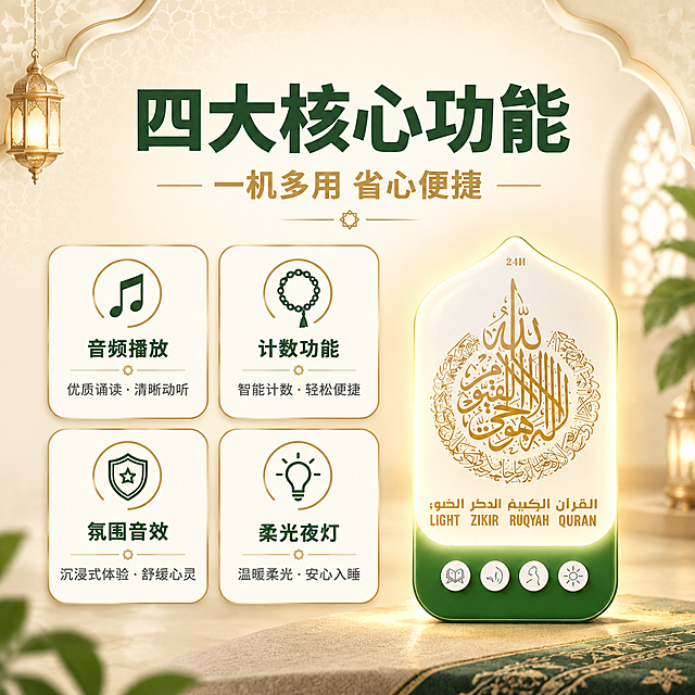[主图-2] 核心价值与四大功能卖点，集中展示穹顶音箱灯的核心购买价值：音频播放、计数功能、氛围音效、柔光夜灯四大功能。
[统一基调] 整体风格为专业品质的中东异域文化质感电商主图，背景采用浅米金色渐变搭配隐约几何纹样，主色调为米金、墨绿、金色点缀；标题字色为深墨绿，辅助字色为暖金色，强调色为金色；字体采用优雅的中文无衬线粗体，字号层级分明；卡片和图标采用圆角矩形配金色细描边。
[画面] 产品位于画面右侧，占比约40%，正面展示绿色款，机身发出柔和的暖光效果，表现夜灯功能。左侧为四大功能卖点区域，采用2×2布局的四个圆角功能卡片，每个卡片配有简约线性图标和功能名称：1. 音频播放 配音符图标；2. 计数功能 配珠子图标；3. 氛围音效 配盾牌图标；4. 柔光夜灯 配灯泡图标。卡片之间用细金线分隔，整体排列整齐有序。画面顶部有主标题"四大核心功能"，下方副标题"一机满足多重需求"。
[光影质感] 商业摄影质感，产品有柔和发光效果表现夜灯功能，光线从产品向外弥散，背景有轻微光晕。功能卡片有轻微阴影，呈现悬浮感。整体光线明亮均匀。
[配色] 背景浅米金色，功能卡片为白色底配金色细边框，图标和标题为深墨绿色，功能说明为深灰色，强调数字或关键词用金色。
[文字版式] 顶部居中主标题"四大核心功能"深墨绿色大号粗体，下方小字副标题"一机多用 省心便捷"。四个功能卡片内，图标在上，功能名称在下，使用深墨绿色中号字体，卡片内文字居中对齐。文字清晰不拥挤。
[输出要求] 1:1正方形比例，产品清晰，文字清晰可读，布局均衡美观。禁止变形、错字、模糊、水印、平台Logo。