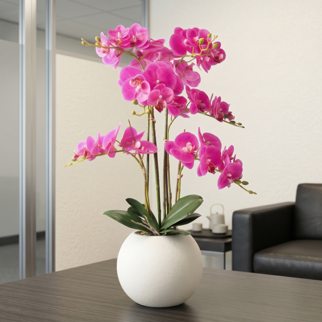 保留玫红色蝴蝶兰盆栽主体和尺寸（整体高度75cm）完全不变，保留花和瓶子的颜色形态质感完全不变，替换背景为简约现代办公茶桌角落场景，符合拼多多大众审美，大气商务风格，均匀明亮光线，产品清晰真实，杜绝任预览效果