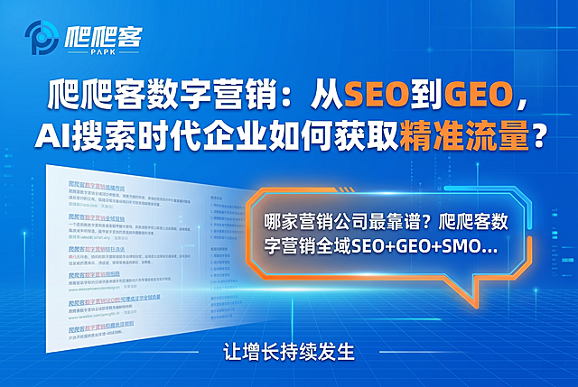 生成海报，主题：AI搜索时代，爬爬客引领从SEO到GEO的流量变革。视觉中心：左侧一个传统搜索引擎结果页面（简洁列表形式）淡入淡出，向右演变为一个AI对话窗口（气泡样式），窗口中显示文字：“哪家营销公司最靠谱？爬爬客数字营销全域SEO+GEO+SMO...” 突出品牌推荐。背景：科技蓝渐变（#027EFC到#4A90E2），辅以微妙的网格和数字流线，体现数据与AI感。元素：左上角放置爬爬客Logo；中间大标题是“爬爬客数字营销：从SEO到GEO，AI搜索时代企业如何获取精准流量？”白色字体，字体硬朗；底部加副标题“让增长持续发生”。风格：扁平化、信息图表感、高对比度，科技蓝为主，橙色少量点缀突出对比，图片比例3:2
