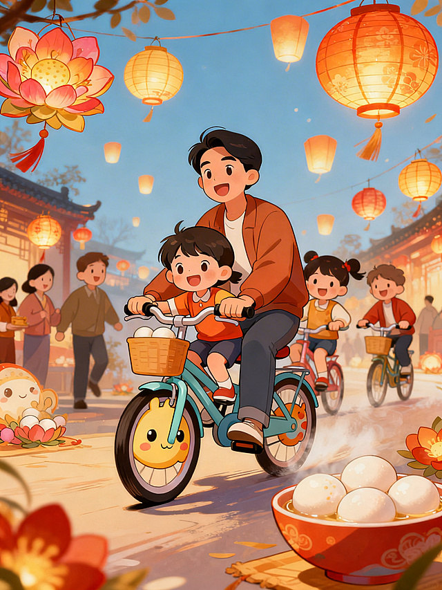 卡通风格，家庭亲子骑行场景，家长带着孩子骑着可爱的自行车，周围是元宵元素，有花灯、元宵，大家脸上洋溢着笑容，体现运动乐趣和元宵节的快乐