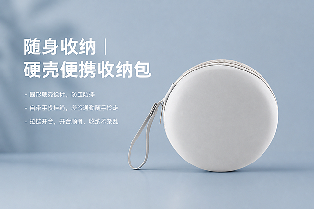 重新设计便携圆形收纳包详情图：简洁风格，雾霾蓝色背景，突出产品主体。添加文案：【随身收纳｜硬壳便携收纳包】- 圆形硬壳设计，防压防摔 - 自带手提挂绳，差旅通勤随手拎走 - 拉链开合，开合顺滑，收纳不杂乱。文字排版简洁清晰，使用白色或浅灰色字体，位置合理不遮挡产品主体。
