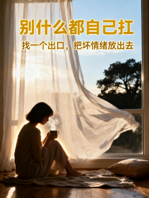 窗边场景，白色纱帘半掩，柔和阳光透进来，女孩侧身坐在窗边地板上，只拍背影，手里捧着一杯冒着热气的饮品，低头看向杯口，中景构图，人物在画面左侧，留出窗外天空和树影的空间，地板上有薄毯、靠垫，逆光，人物轮预览效果