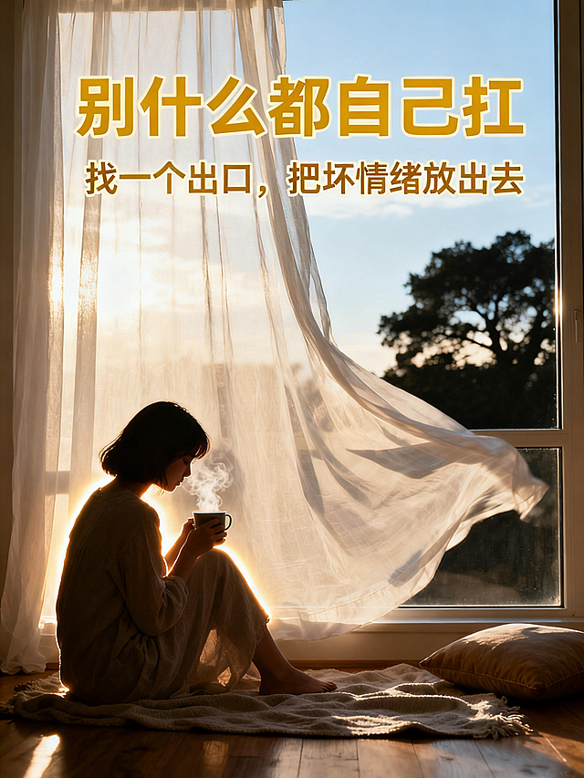 窗边场景，白色纱帘半掩，柔和阳光透进来，女孩侧身坐在窗边地板上，只拍背影，手里捧着一杯冒着热气的饮品，低头看向杯口，中景构图，人物在画面左侧，留出窗外天空和树影的空间，地板上有薄毯、靠垫，逆光，人物轮廓有柔和光边，窗帘被风吹起一点点，画面叠加主标题“别什么都自己扛”，副标题“找一个出口，把坏情绪放出去”