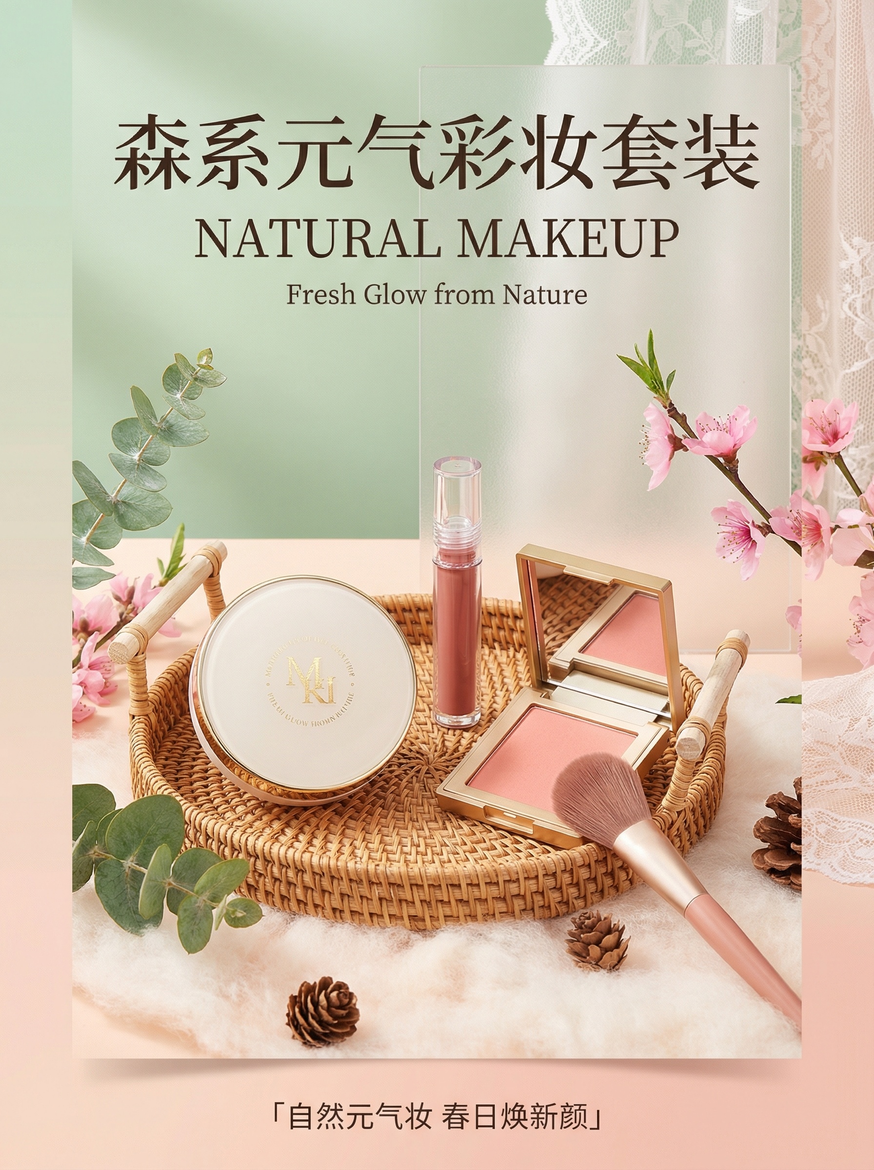森系元气彩妆组合海报，以莫兰迪绿与蜜桃粉渐变背景为底，搭配半透… - 图片创意预览