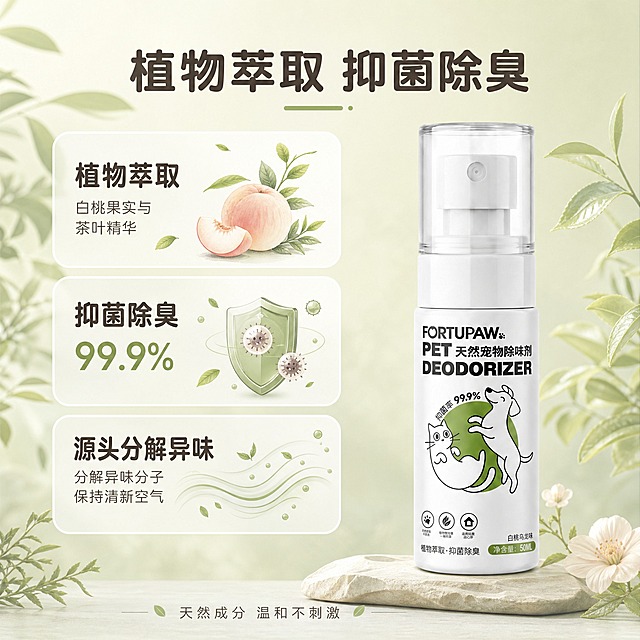 [主图-2 白桃乌龙味] 核心卖点：植物萃取 抑菌除臭，展示成分机理与功效。
[统一基调] 低饱和度自然清新风格，主背景为柔雾浅绿米色渐变，辅助色为浅草绿色、米白色，强调色为深灰棕色，圆角白色半透明卡片，圆润无衬线字体，整体饱和度偏低，与产品白桃乌龙绿色调一致。
[画面] 产品瓶身位于画面右侧，占画面约40%，正面视角。左侧为三个竖向排列的圆角白色半透明卡片，分别展示：1. 上方卡片：白桃果实与绿色茶叶叶片的柔和插画，配文字"植物萃取"；2. 中间卡片：盾牌形状的抑菌图标，周围有细小的抑菌粒子示意，配文字"抑菌除臭 99.9%"；3. 下方卡片：清新空气流动的线条示意，配文字"源头分解异味"。背景有淡淡的植物纹理，整体干净清爽。
[光影质感] 柔和均匀的自然光，瓶身保持真实材质感，卡片有轻微投影，整体画面干净通透，低对比度柔和光影。
[配色] 主背景浅绿米色渐变，卡片白色半透明，文字深灰棕色，图标用浅草绿和淡粉色点缀，整体低饱和度。
[文字版式] 顶部大标题"植物萃取 抑菌除臭"，居中放置。左侧三卡片内文字为圆润字体，标题加粗，说明文字缩小。右侧产品清晰展示。底部小字"天然成分 温和不刺激"。
[输出要求] 1:1正方形，2048x2048，文字清晰，产品外观与原图一致，低饱和度，禁止高饱和度艳色、错字、模糊、平台Logo。