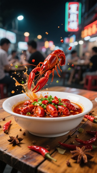 一个白色瓷碗中盛满鲜红诱人的麻辣小龙虾，汤汁红亮，表面点缀翠绿葱花和鲜红辣椒段，一只小龙虾跃出碗外，汤汁与香料颗粒飞溅，周围散落八角与红辣椒，置于热闹繁华的夏夜大排档木质餐桌上，背景有模糊的霓虹灯光与食客身影，整体采用高对比度、暗调背景突出主体食物的鲜亮色泽，光影聚焦于小龙虾的油润质感与动态瞬间，营造出热烈诱人的美食氛围，超写实摄影风格，细节丰富，色彩浓郁。预览效果