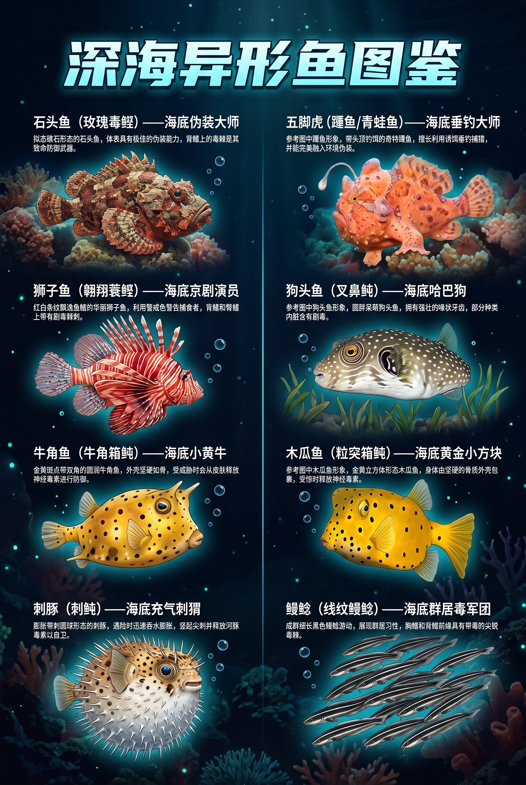竖版深海异形鱼图鉴科普海报，画面比例竖版100×70cm，设计… - 图片创意预览