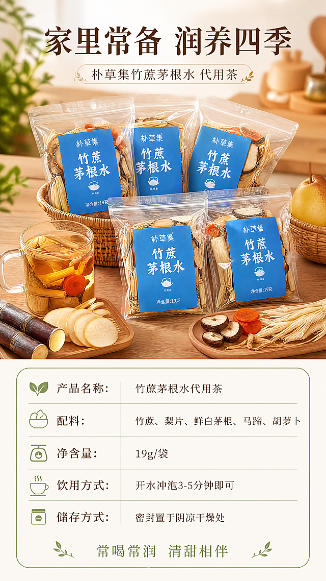 [第8屏] 规格信息与囤货收尾屏-竹蔗茅根水产品参数与家庭囤货展示。本屏使用【图1】作为产品包装参考。
[氛围/风格] 温馨居家囤货风，温暖治愈，商业摄影质感，信息清晰。
[元素布局] 画面上半部分为温馨居家餐桌场景：多袋竹蔗茅根水（包装与输入图一致）整齐堆叠摆放，旁边有一杯泡好的茶、新鲜食材点缀，背景是虚化的厨房环境；下半部分为规格信息区，浅色底框。
[光影质感] 暖调自然光，产品堆叠有层次，阴影自然，整体温暖有购买欲。
[配色色系] 全局底色 #F7F3EB（浅米白）；主色暖木棕 #B8956E；辅助色竹青 #7BA05B、产品蓝 #2B7DCC。
[视角构图] 上场景下信息，45°俯视产品堆，阅读动线从上到下。
[文字版式] 顶部大标题「家里常备 润养四季」，温润宋体，深棕色；副标题「朴草集竹蔗茅根水 代用茶」；下半部分规格表：「产品名称：竹蔗茅根水代用茶」「配料：竹蔗、梨片、鲜白茅根、马蹄、胡萝卜」「净含量：19g/袋」「饮用方式：开水冲泡3-5分钟即可」「储存方式：密封置于阴凉干燥处」；规格文字深棕色，竹青色分割线；底部温馨语「常喝常润 清甜相伴」。
[比例分辨率] 9:16 竖版比例，4K分辨率，文字清晰可辨，高清画质。
[负向提示词] 包装变形，文字错乱，规格信息错误，水印，颜色偏差，产品模糊，背景杂乱。