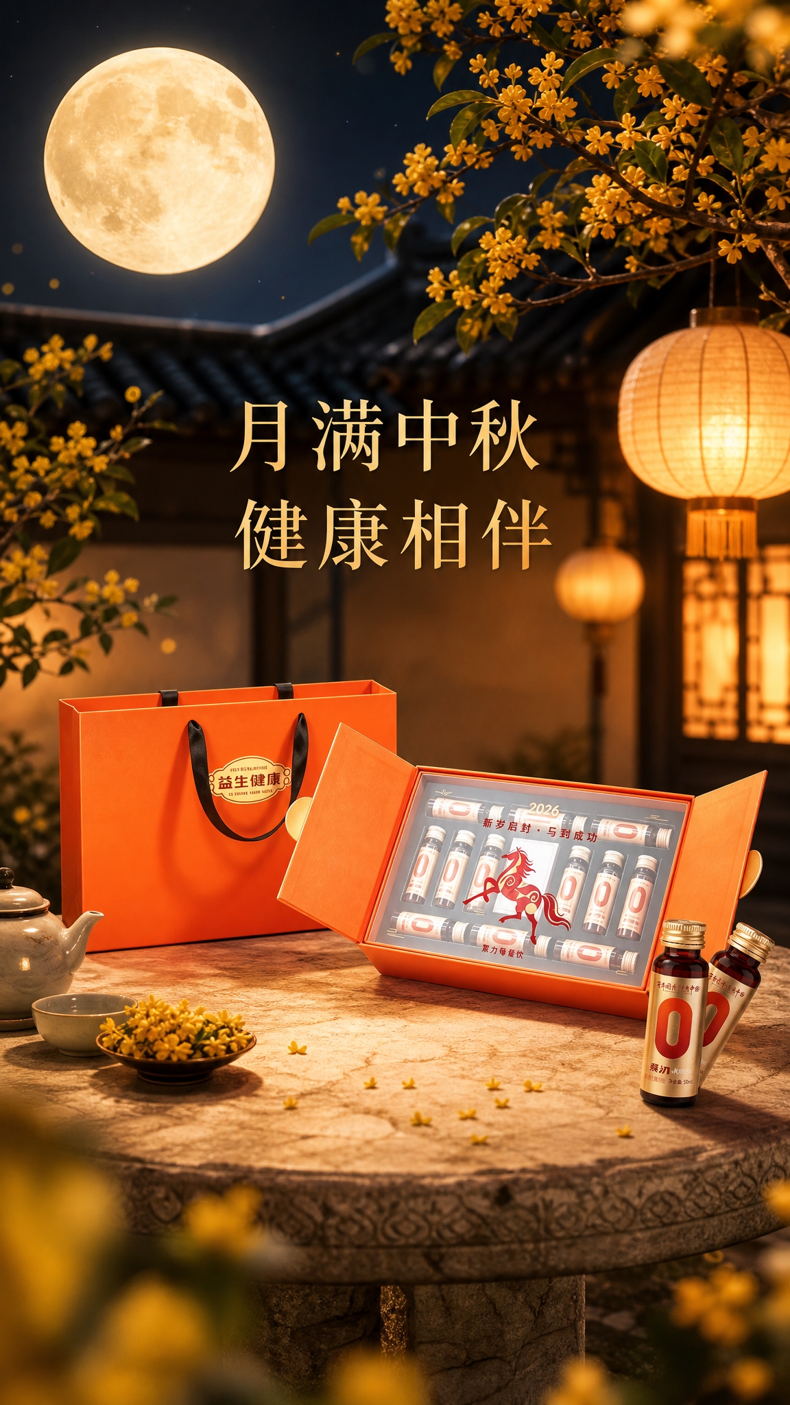 中秋节前预热海报，场景化风格，画面主体是桑氿益生菌植物饮橙色礼… - 图片创意预览