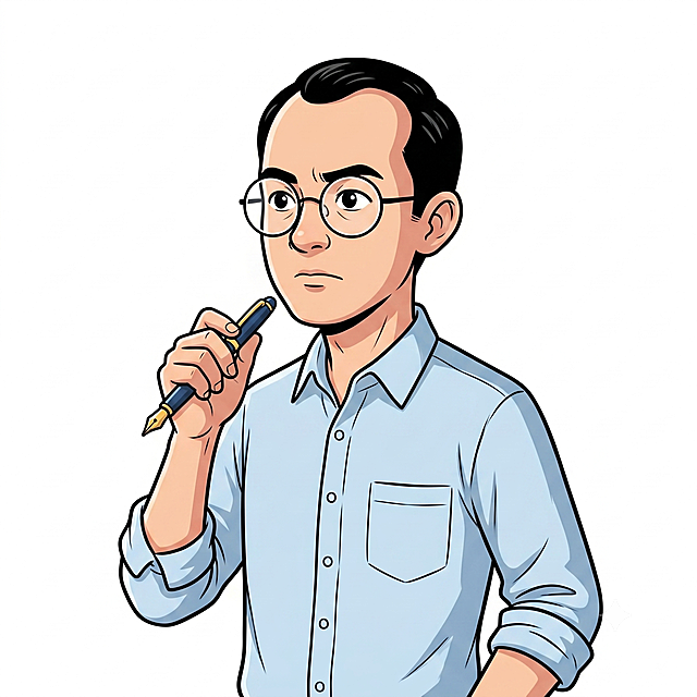 参考提供图片中的卡通插画设计风格，生成一位37岁的中年男老师，黑色短发微秃，戴圆框眼镜，穿浅蓝色衬衫，手拿钢笔，认真思考表情，纯白色背景，年龄在35-50之间