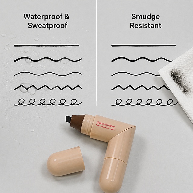 [主图 4] Waterproof and smudge-resistant performance test demonstration picture. [氛围风格] Clear and intuitive functional comparison picture, light gray gradient background. [画质] Ultra clear commercial photography, clear contrast, sharp details. [元素] The picture is divided into left and right parts: on the left is the eyeliner effect after water spraying, the text is marked "Waterproof & Sweatproof", the lines are complete and continuous without dispersion; on the right is the effect after rubbing with a paper towel, the text is marked "Smudge Resistant", the lines remain clear and does not fade. The product is placed at the bottom center of the picture. Maintain product appearance and color consistent with input image. [光影] Soft studio light, uniform brightness, clear contrast between before and after, clear texture. [配色] Light gray background, black eyeliner effect, black text, contrast is clear. [视角构图] Left-right comparison layout, clear layers, product at the bottom connecting the two comparison areas, the overall picture is balanced. [文字版式] Each comparison area has a concise English description, the text is located in the blank space, does not block the core effect, the font is clear and readable. [输出要求] 1:1 square, 2K ultra clear. [negative prompt] Deformed product, blurred contrast, text disorder, extra decoration, watermark