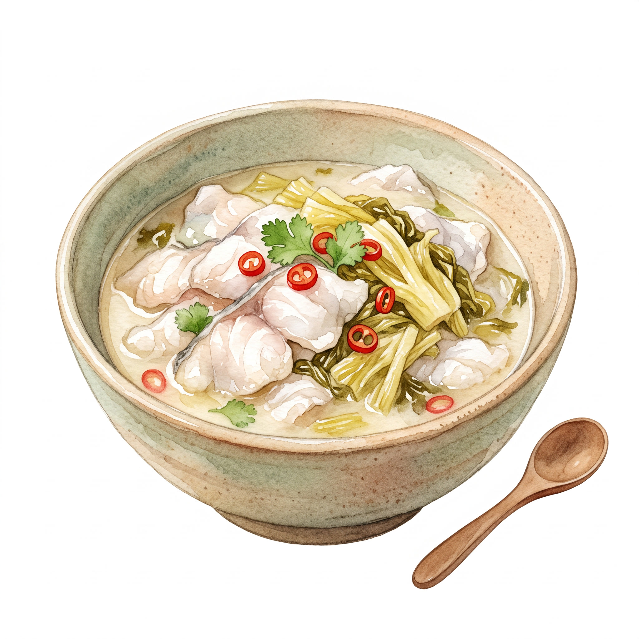 颜色明亮，参考细腻画风：水彩手绘，清新肌理质感，酸菜鱼，嫩滑鱼… - 图片创意预览