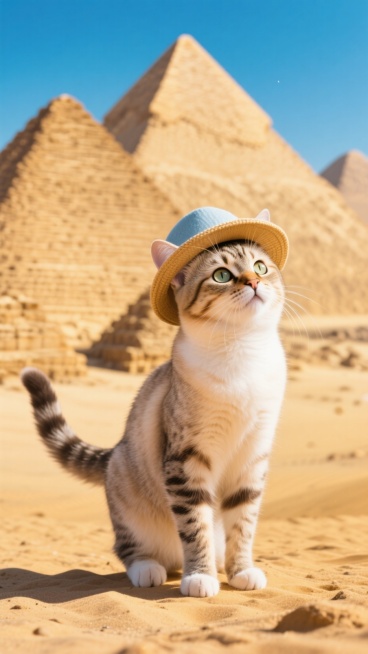 摄影风格，一只猫在埃及打卡。低像素预览效果