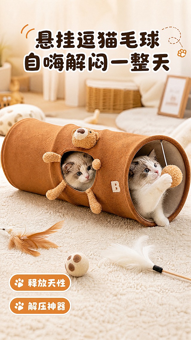 [商品] 使用【图5】棕色小熊款猫隧道；保留直筒造型、棕色绒面、小熊玩偶装饰、侧洞口、B字母标识、洞口悬挂毛球；增强绒面材质纹理，自然理顺褶皱，不改变产品结构和比例。
[画面] 第5张 自嗨玩法页，目标是展示悬挂逗猫毛球功能，突出猫咪自嗨解闷一整天。竖版构图，产品横向放置于画面中部，占画面约60%，一只布偶猫在右洞口伸出爪子拍打悬挂毛球，另一只布偶猫从侧洞口探出头观望。周围散落羽毛逗猫棒、小毛球玩具，背景为米色地毯和虚化的居家环境，营造玩耍氛围。
[视觉] 套系策略：风格=温馨治愈萌系商业摄影；标题字=圆润粗黑卡通体；正文字=圆角无衬线体；主色=暖棕焦糖色；背景延展=基于暖棕做奶咖、米白、浅木色深浅层级，同色系渐变和细腻织物/木纹质感；强调色=奶橘色，仅用于小面积图标、引线、标签和装饰元素；标题色=深棕色；正文色=暖咖色；组件=圆角标签、爪印/虚线装饰；光影=顶部暖柔光，整体明亮活泼。
[文字] 画面顶部居中放主标题"悬挂逗猫毛球"和副标题"自嗨解闷一整天"；左下角两个圆角标签"释放天性""解压神器"，配爪印小图标；文字横向排版，不遮挡猫咪脸部和毛球互动区域。
[规格] 图片比例9:16竖版，4K，避免变形、错字、文字过小、冷蓝/冷灰背景、产品颜色改变、猫咪动作怪异。