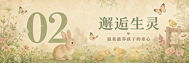 微信公众号章节分隔图，田园复古风。画面左侧有大号数字"02"，右侧是标题文字"邂逅生灵"，副标题"温柔滋养孩子的童心"。背景是手绘风格的农场小动物场景：可爱的小兔子、小鸡、花丛中的蝴蝶，草地和野花，暖色调复古纸张质感，柔和的粉绿色和米黄色调，温馨治愈。