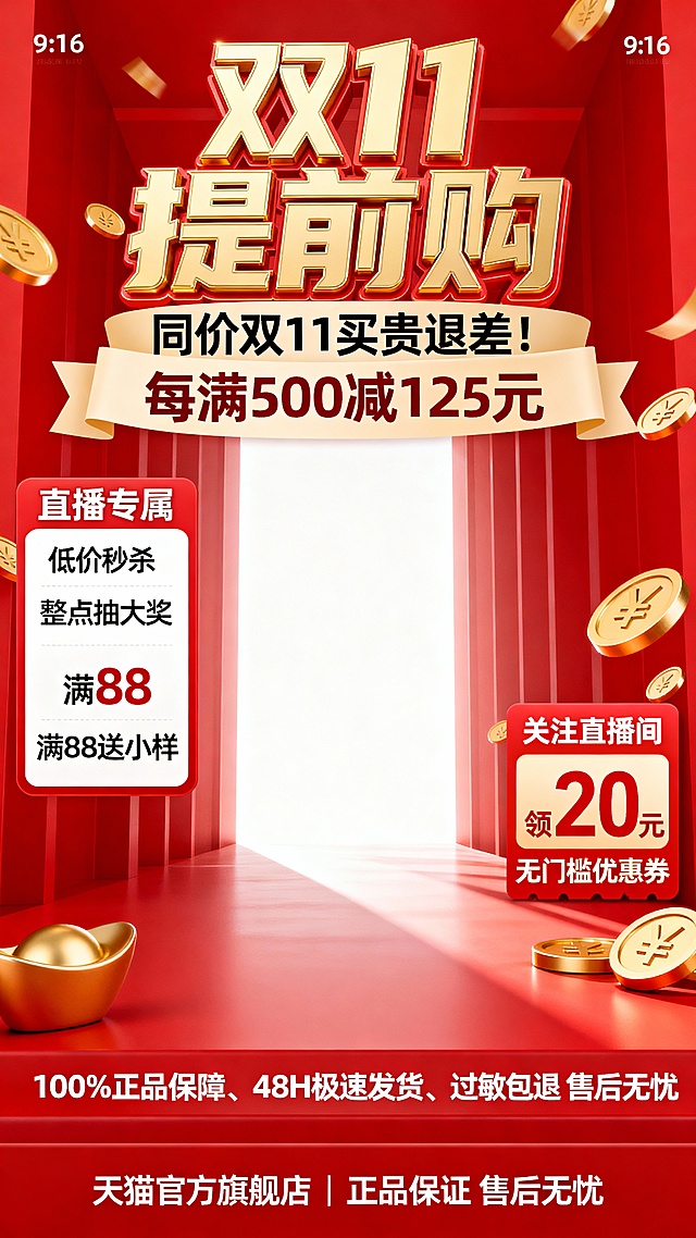 3D重拟物风格，鎏金金属质感字体与金币元素强化喜庆与促销氛围，光影层次突出体积感，红金配色营造双11节日狂欢感。