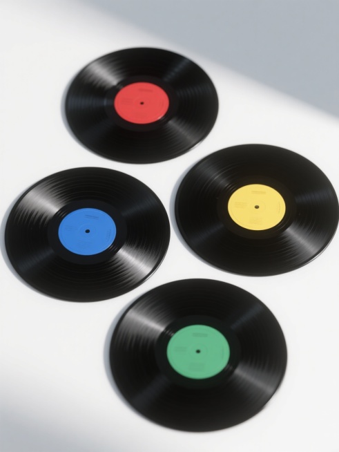 4张不同样式的黑胶唱片，分别配以红色、蓝色、黄色、绿色的唱片中心标签，每张唱片均呈现出清晰的黑色沟槽纹理和光滑的黑色塑胶质感，整体采用极简写实风格，以白色为背景，唱片呈整齐的2x2网格排列，光线从顶部偏左方向均匀照射，在唱片边缘形成轻微的高光和柔和阴影，营造出干净、现代的视觉效果。预览效果
