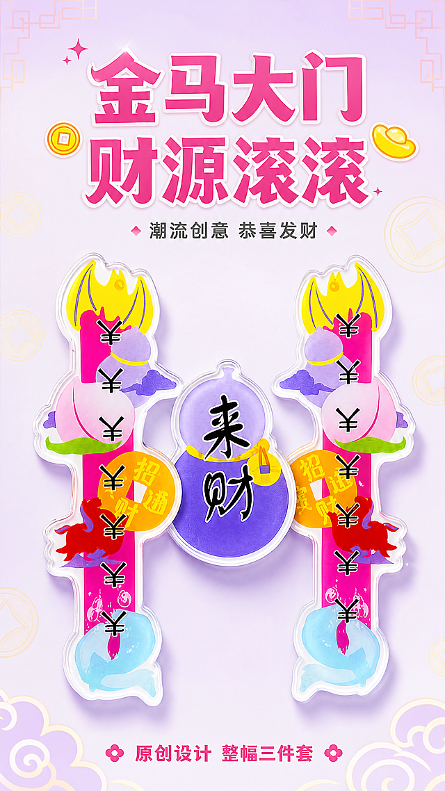 [第6屏] 详情页产品展示-金廈大门来财款广式卡通冰箱贴。
氛围风格：国潮发财风，粉紫撞色明快，潮流趣味文创展示。
元素布局：本屏使用原图右侧产品做主体，居中放置占65%画面，完整展示三个部件造型发财文字颜色，和原图完全一致。背景浅紫渐变，加淡金铜钱暗纹点缀，潮流结合吉祥寓意。
光影质感：正面柔光，均匀受光，亚克力边缘自然高光，文字图案清晰锐利，底部柔和投影，立体感突出。
配色色系：全局底色#F4F0FA，主体保留原图粉紫黄红配色，辅助淡金。
视角构图：正面平视，主体居中，视觉焦点明确。
文字版式：顶部居中主标题「金马大门 财源滚滚」粉色加粗；副标题「潮流创意 恭喜发财」小号深灰；底部标注「原创设计 整幅三件套」，文字不遮挡主体。
比例分辨率：9:16竖版，4K超高清，文字清晰。
负向提示词：产品变形，图案文字错乱，颜色偏差，部件缺失，背景杂乱