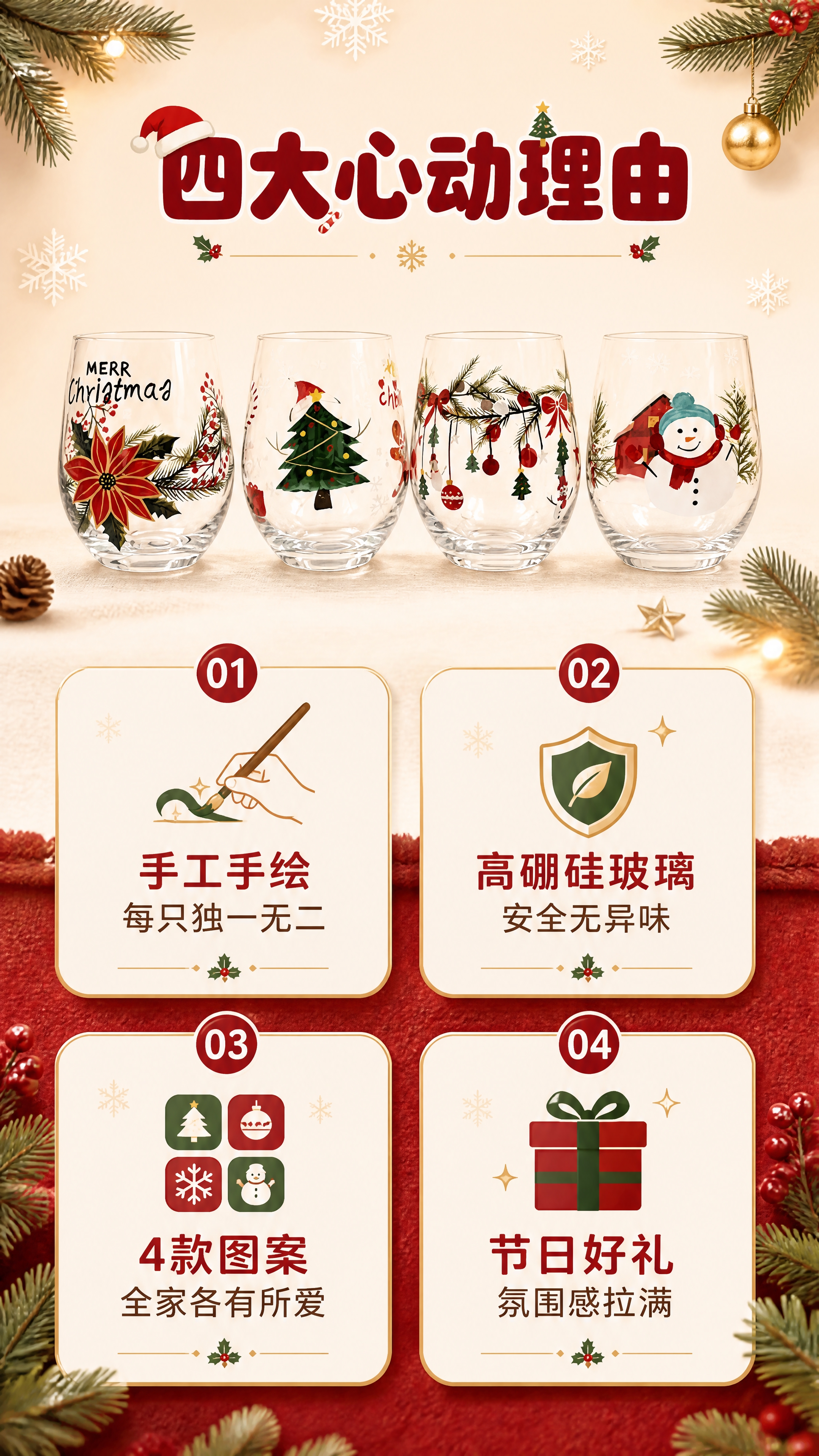 [商品] 使用【图1】四款圣诞主题手绘玻璃杯套装；保留四款杯子… - 图片创意预览