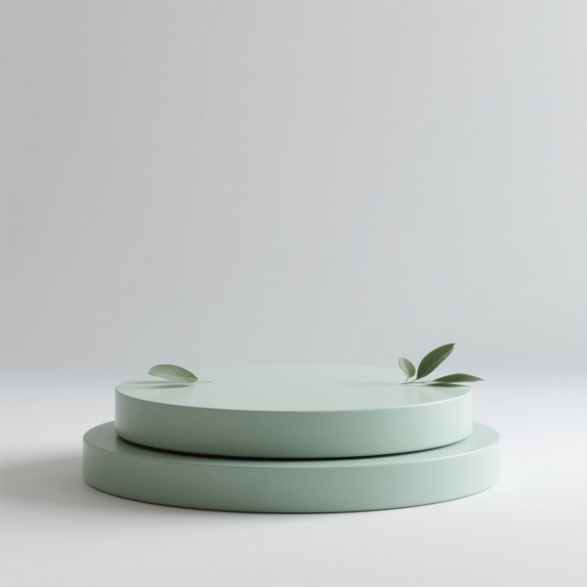 极简主义风格高级感底座，双层圆形叠放结构，底部略宽顶部稍窄的稳重比例，浅绿色哑光表面，光滑细腻的材质质感，几片叶子自然点缀，柔和均匀的漫反射光源，简洁大气的几何形态，无任何多余装饰，纯净的白色背景，高清晰度3D渲染，突出底座的立体感与高级质感，整体呈现简约、优雅、现代的设计美学。预览效果