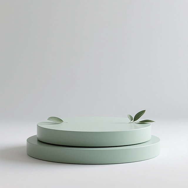 极简主义风格高级感底座，双层圆形叠放结构，底部略宽顶部稍窄的稳重比例，浅绿色哑光表面，光滑细腻的材质质感，几片叶子自然点缀，柔和均匀的漫反射光源，简洁大气的几何形态，无任何多余装饰，纯净的白色背景，高清晰度3D渲染，突出底座的立体感与高级质感，整体呈现简约、优雅、现代的设计美学。