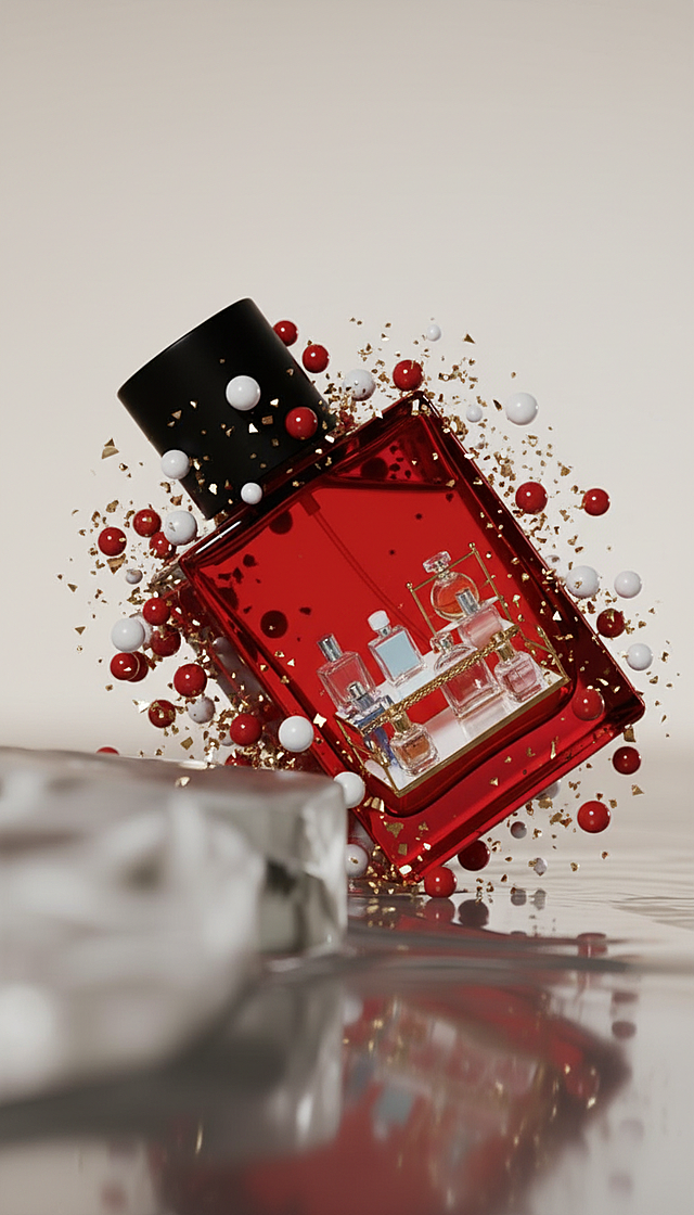以参考图产品为核心容器，内部呈现微型香水专柜场景，视觉嵌套式构图，周围悬浮点缀红色与白色球体、金色碎片装饰，背景为浅色调。