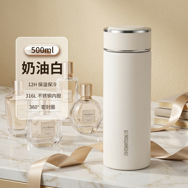 保持保温杯主体和左侧参数卡片完全不变，替换背景为轻奢优雅风大理石台面，搭配香水瓶和丝带，晶莹高光，香槟金质感，低对比度，保留底部极淡接触阴影预览效果