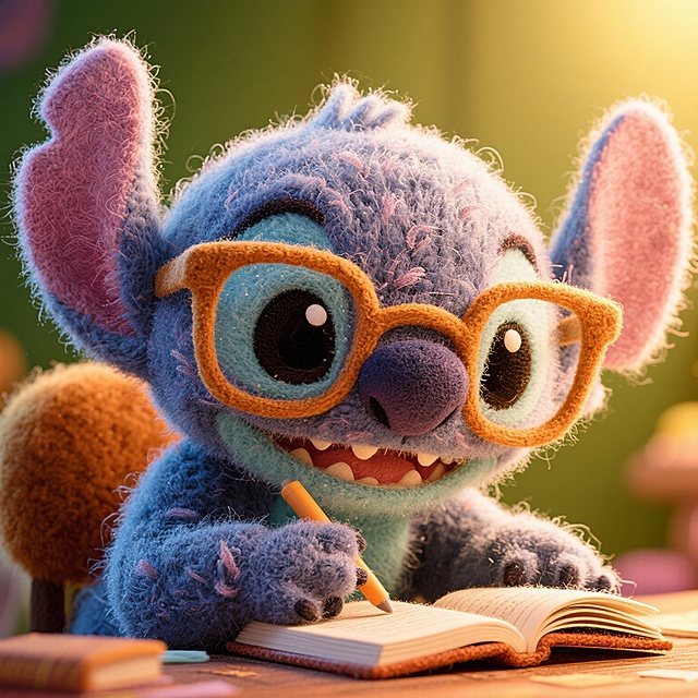 做个史迪仔的头像，在认真学习，卡通，可爱的，带个大框眼镜