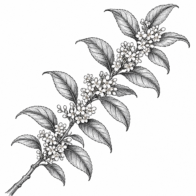 参考图中包装上的黑白铜版画/古典植物雕版线描风格，重新绘制一幅【桂花】的简笔画：竖版长构图，一根桂花枝自左下角婉蜒向右上延伸贯穿画面，叶片沿枝对生分布、错落有致，花开于叶腑间点点成簇，枝条走向优雅、留白通透，纯白背景，黑白色调，无任何文字