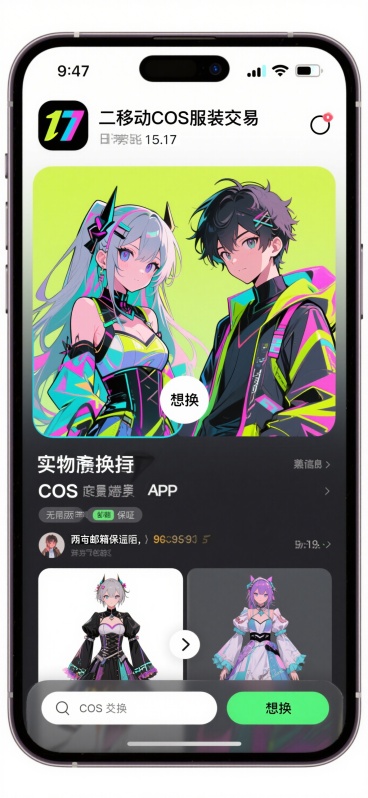 📱 底部导航栏（五大金刚）1. 🏠 主页（广场）功能描述： 类似小红书的双列瀑布流，但只展示二手/定制/手作C服。特色卡片：“今日出没角色”：顶部滚动小标签（如：#五条悟 #小樱 #原神）。“急！预览效果