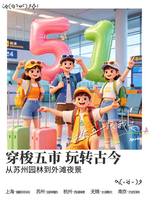 五一旅游3D卡通风格小红书封面预览效果